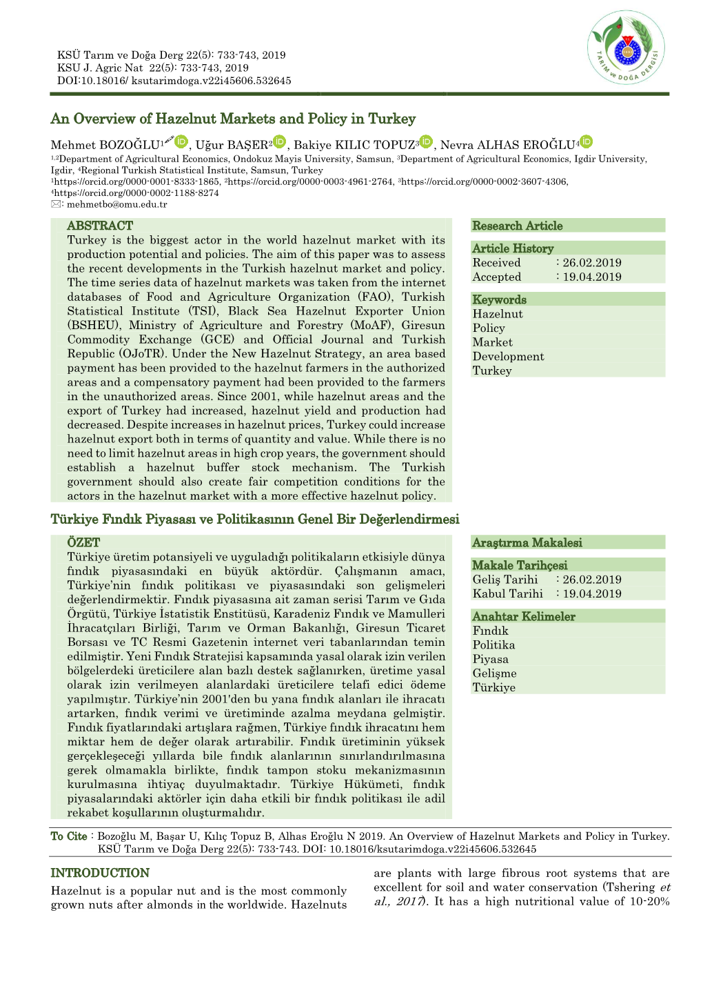 An Overview of Hazelnut Markets and Policy in Turkey