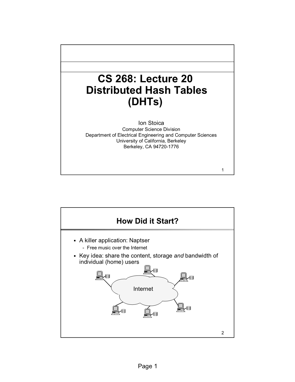 CS 268: Lecture 20 Distributed Hash Tables (Dhts)