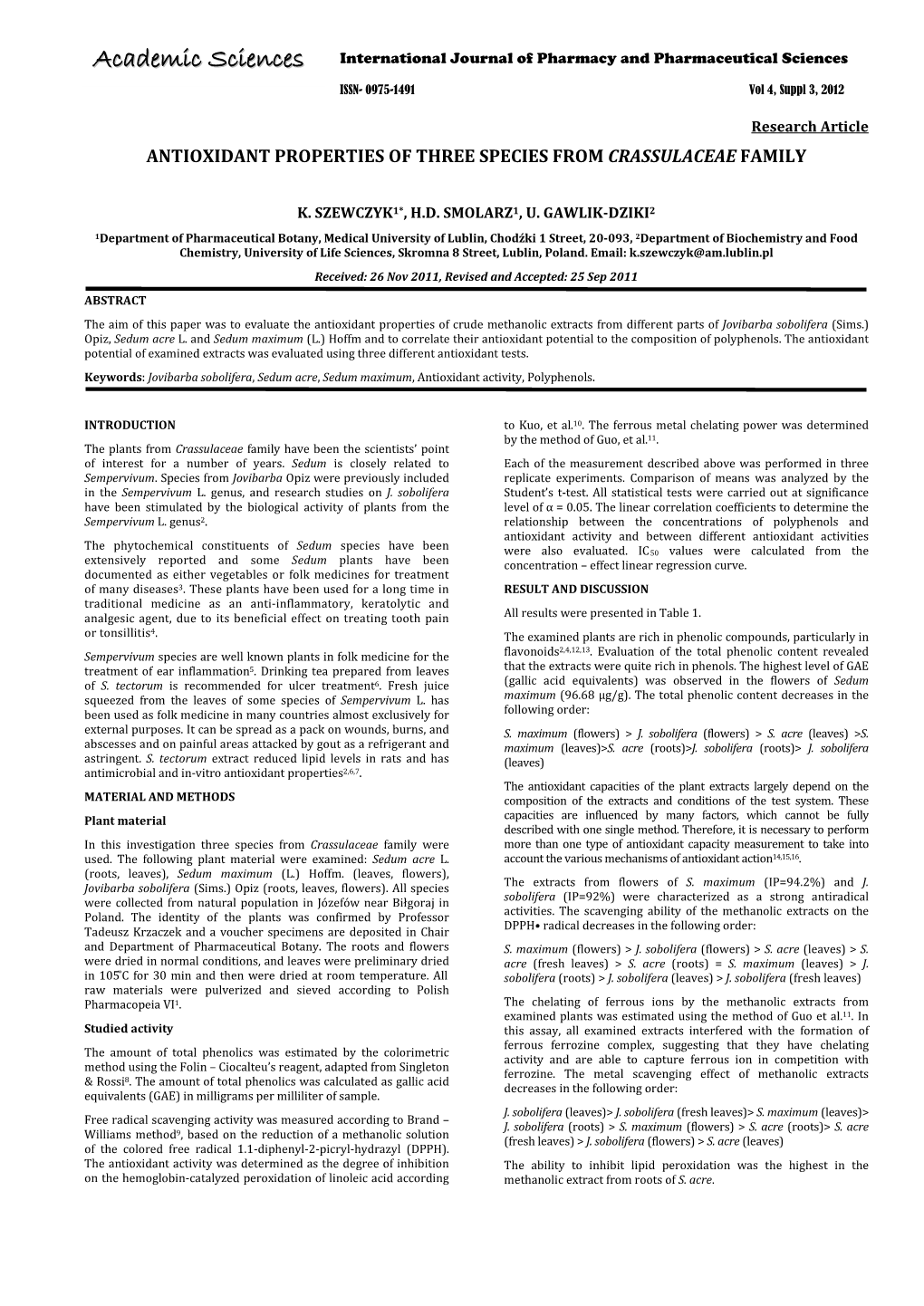 Antioxidant Properties of Three Species from Crassulaceae Family