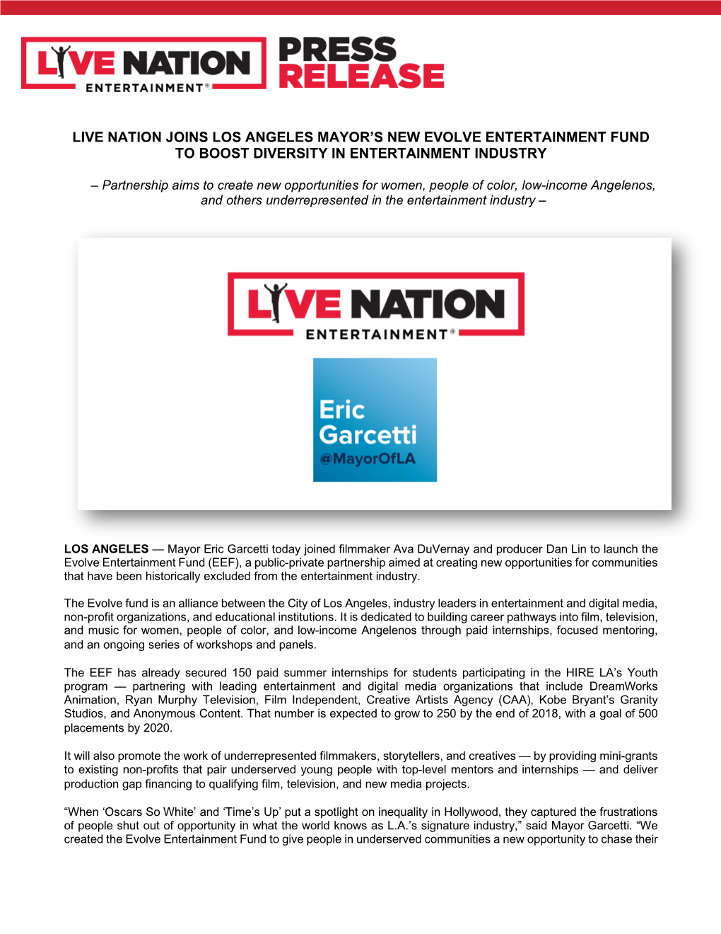 Live Nation Joins Los Angeles Mayor's New Evolve