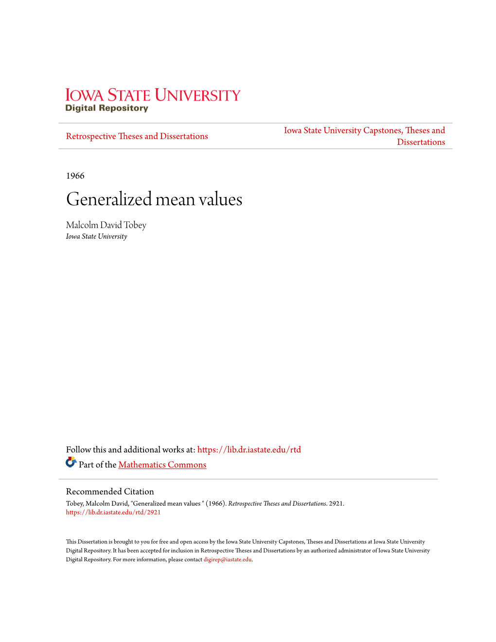 Generalized Mean Values Malcolm David Tobey Iowa State University