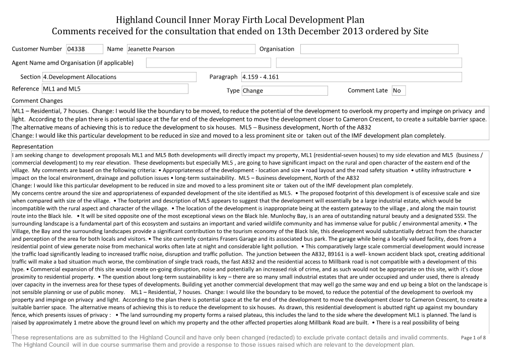 Highland Council Inner Moray Firth Local Development Plan Comments Received for the Consultation That Ended on 13Th December 2013 Ordered by Site