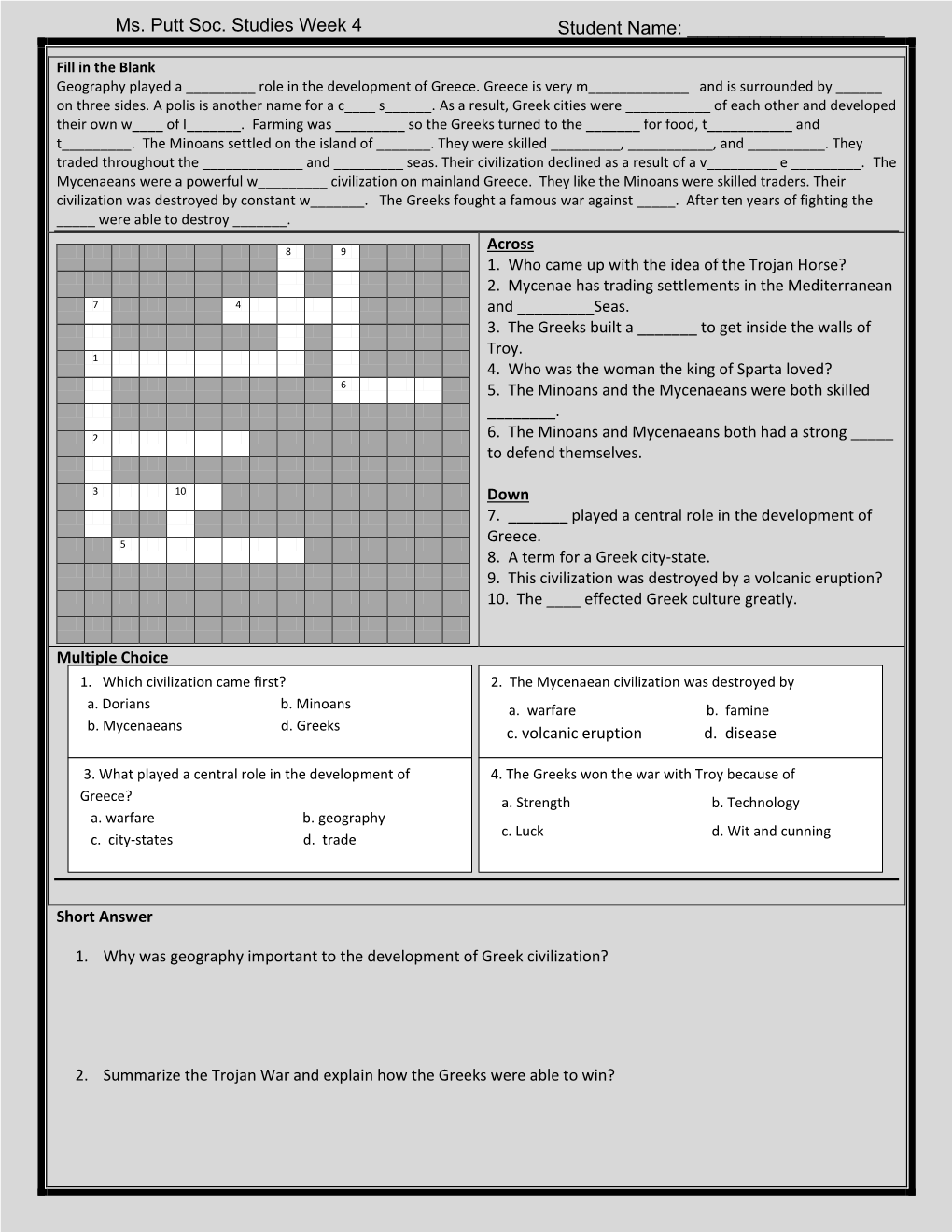 Ms. Putt Soc. Studies Week 4 Student Name: ______