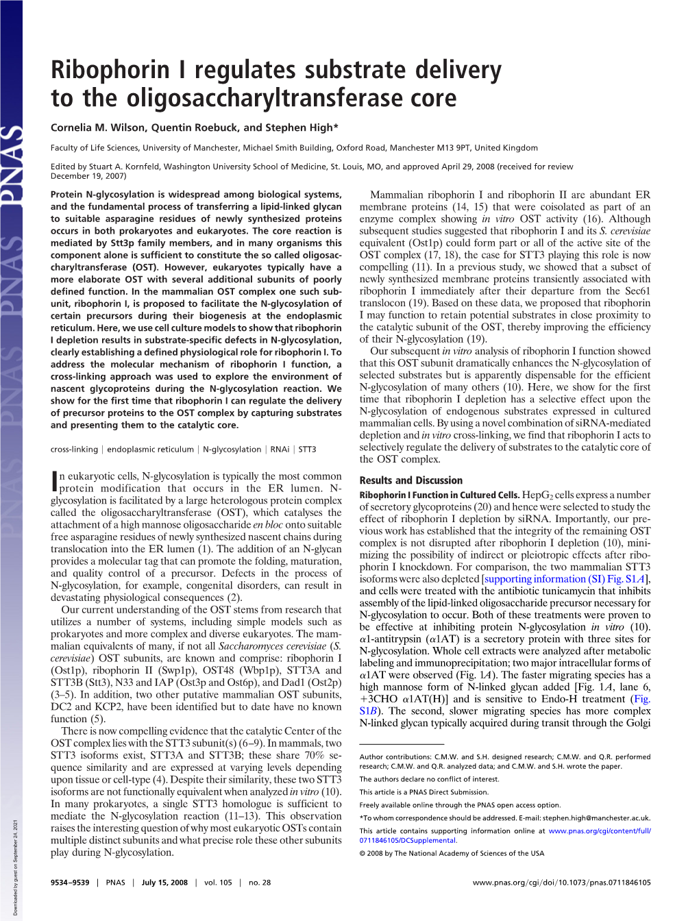 Ribophorin I Regulates Substrate Delivery to the Oligosaccharyltransferase Core