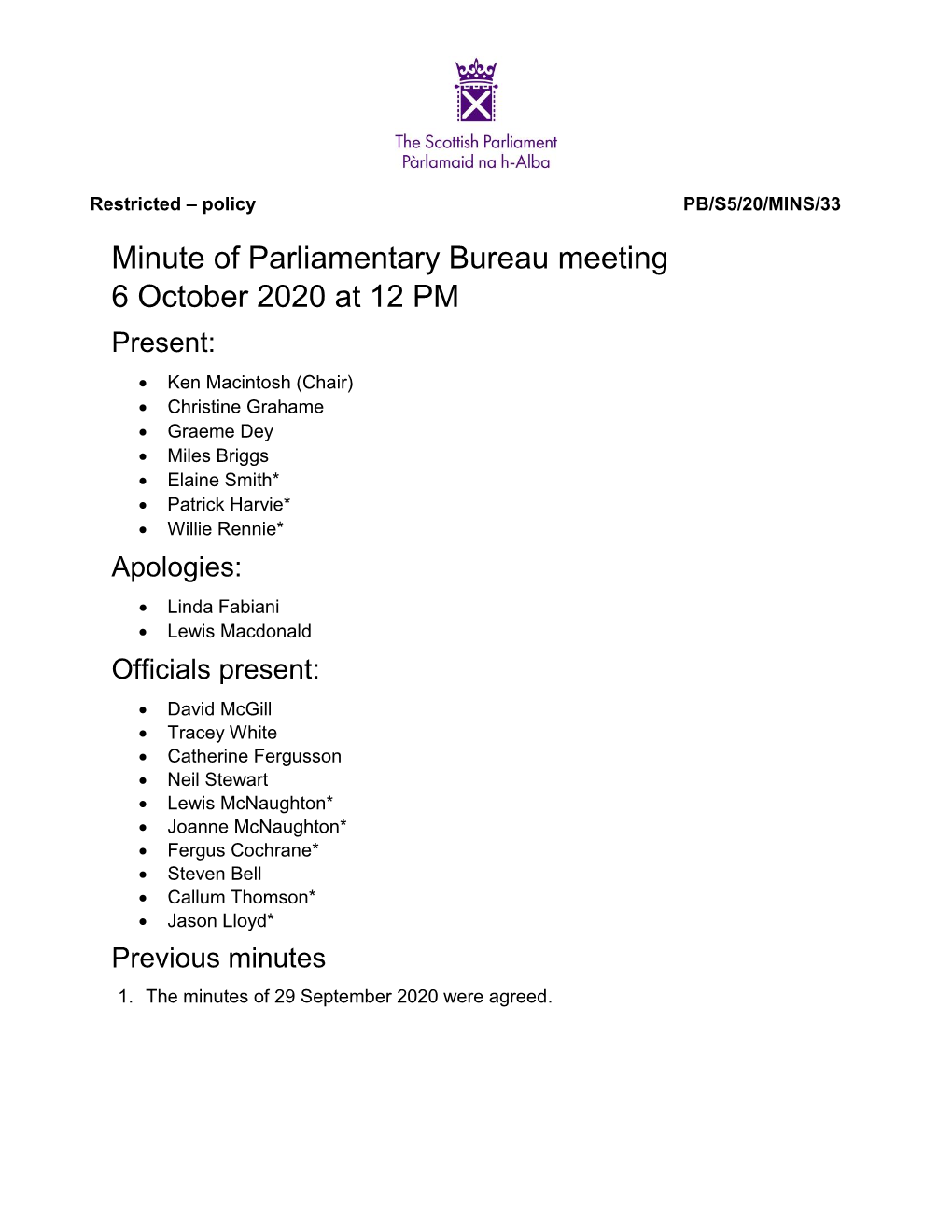 Minute of Parliamentary Bureau Meeting 6 October 2020 at 12 PM