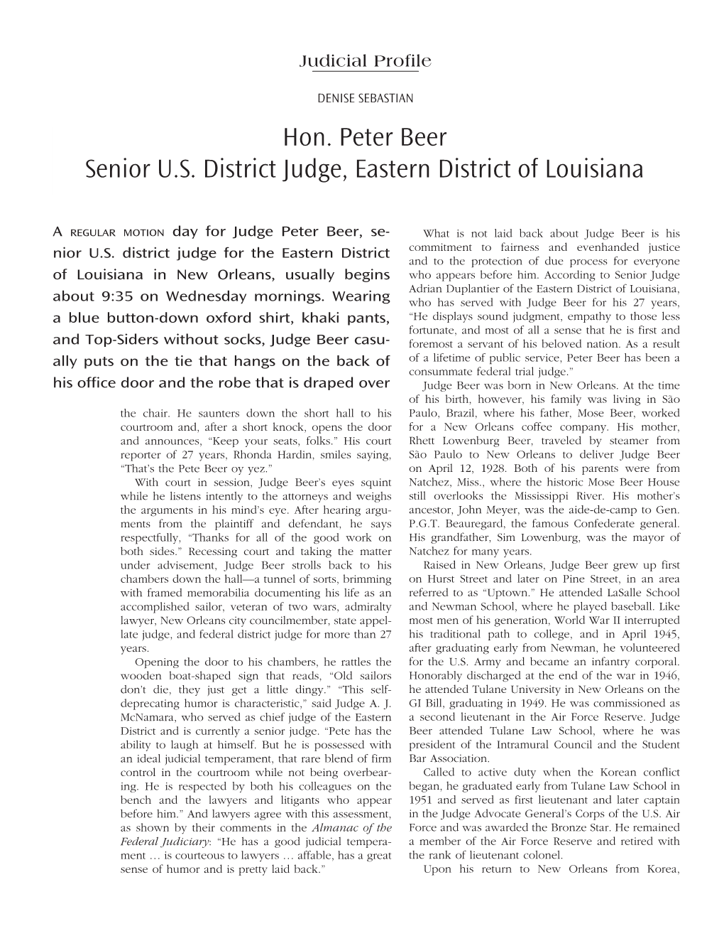 Hon. Peter Beer Senior U.S. District Judge, Eastern District of Louisiana