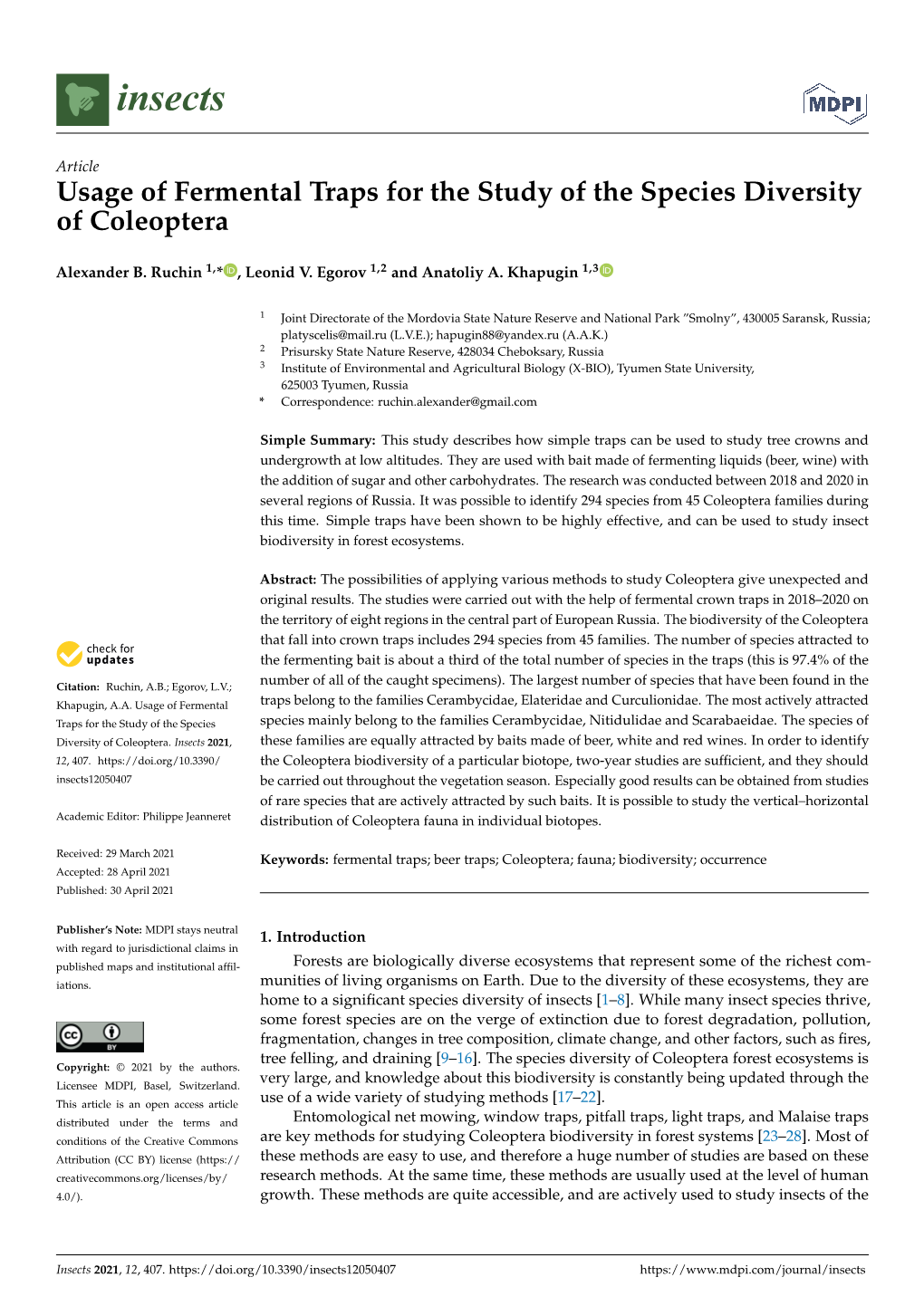 Usage of Fermental Traps for the Study of the Species Diversity of Coleoptera