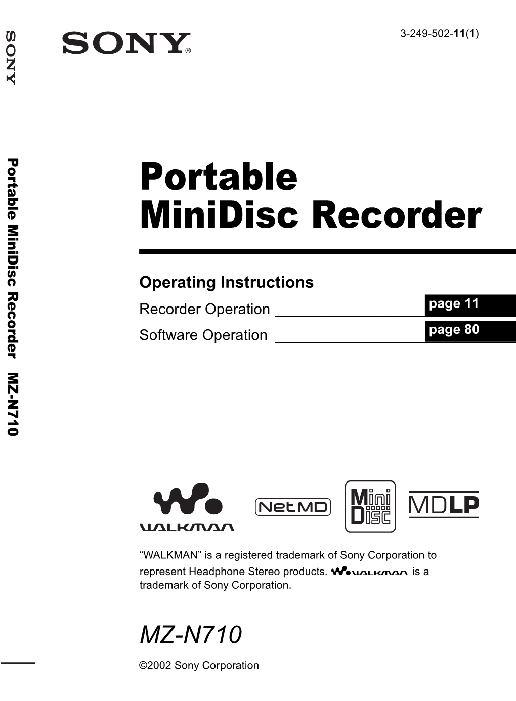 Portable Minidisc Recorder MZ-N710 Recorder Minidisc Portable Portable Minidisc Recorder