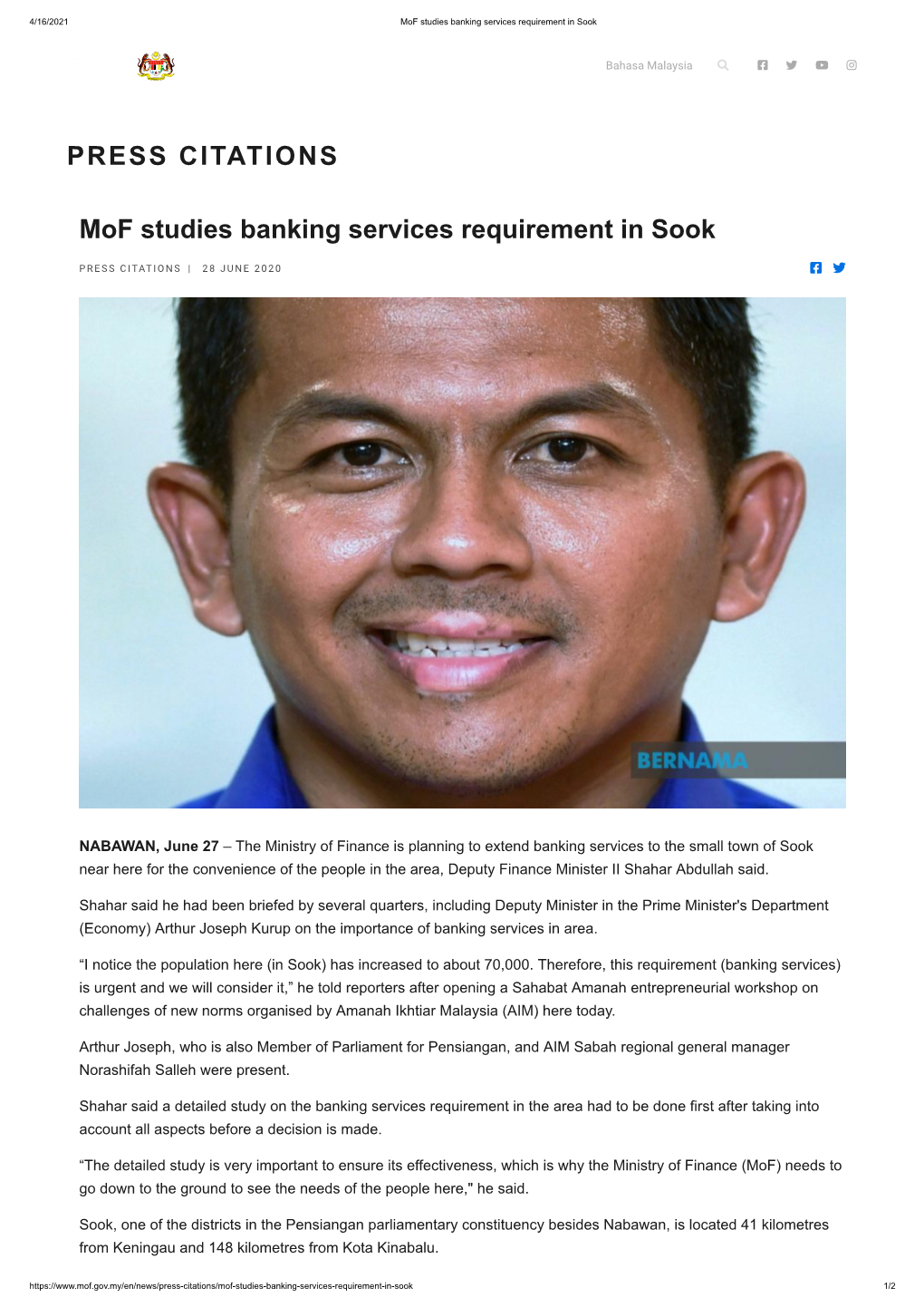 PRESS CITATIONS Mof Studies Banking Services Requirement in Sook