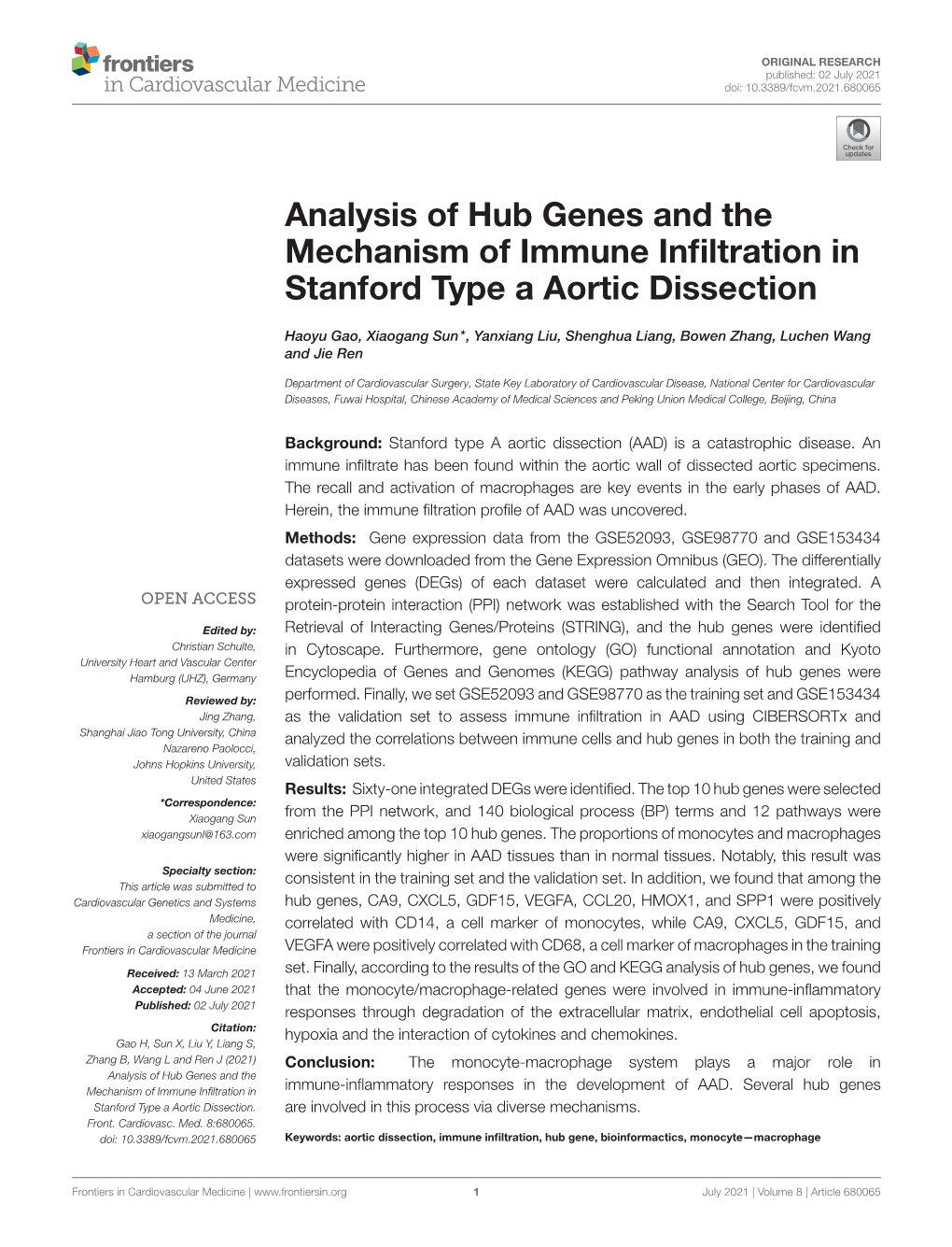 Analysis of Hub Genes and the Mechanism of Immune Inﬁltration in Stanford Type a Aortic Dissection