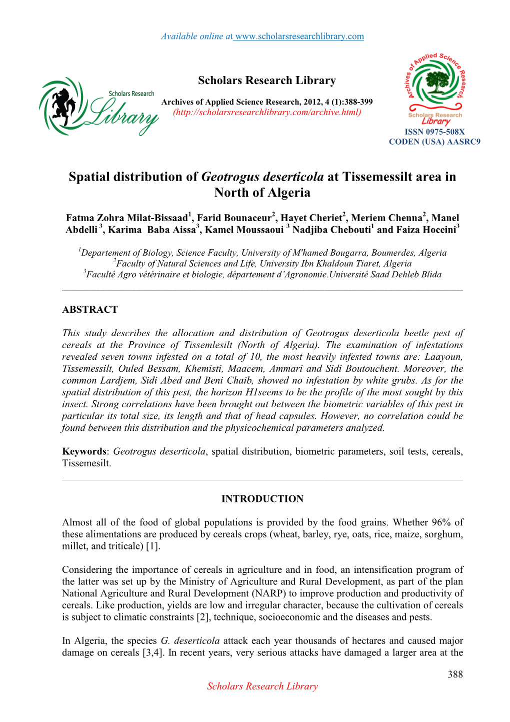 Spatial Distribution of Geotrogus Deserticola at Tissemessilt Area in North of Algeria