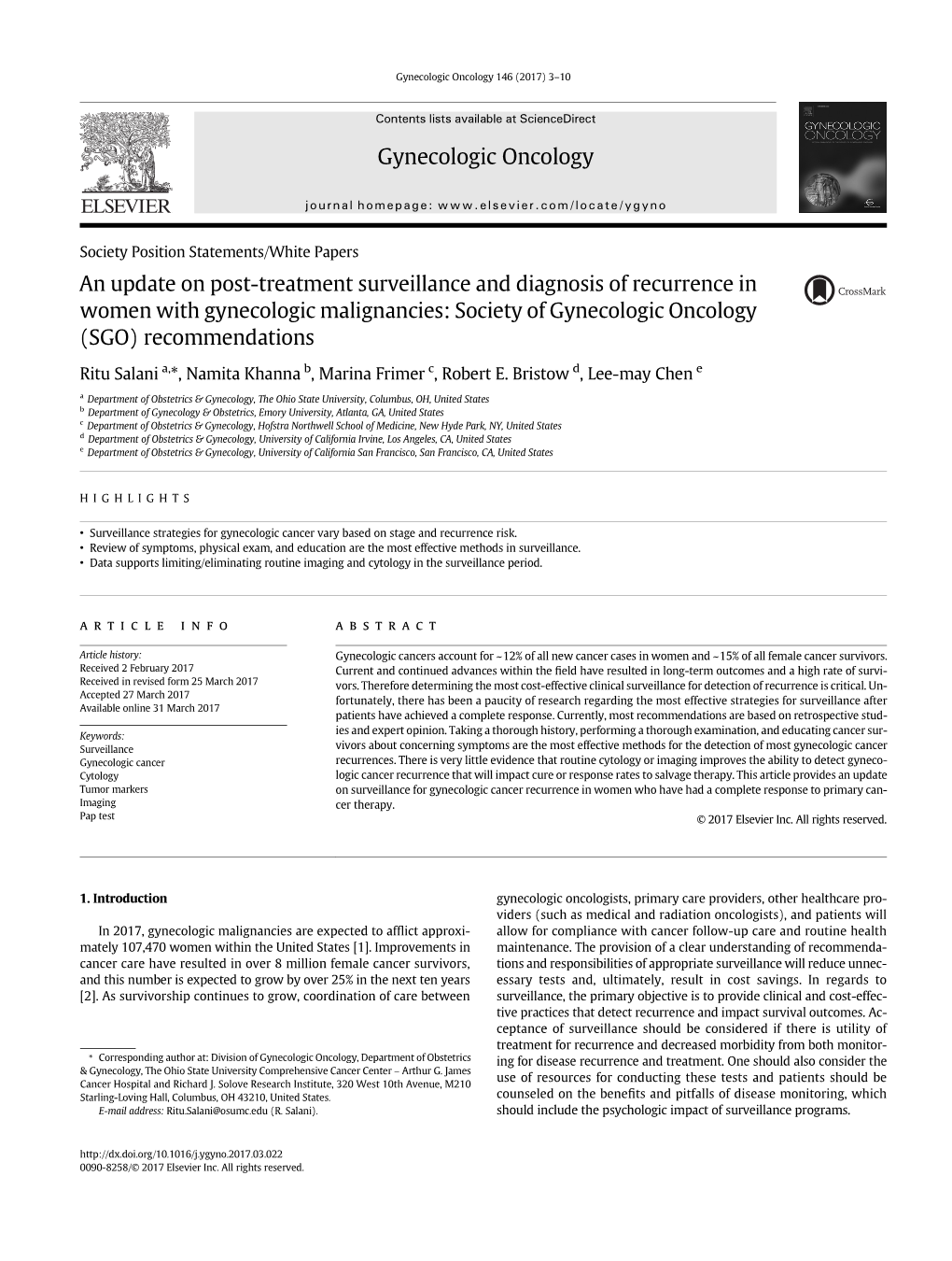 An Update on Post-Treatment Surveillance and Diagnosis of Recurrence in Women with Gynecologic Malignancies: Society of Gynecologic Oncology (SGO) Recommendations