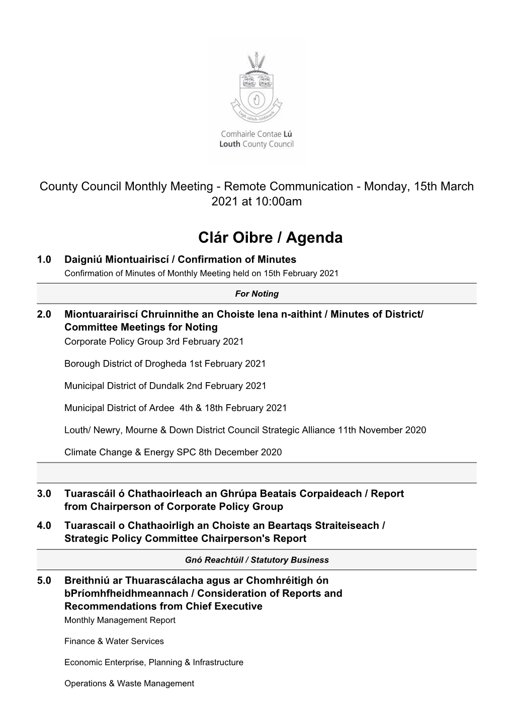 County Council Monthly Meeting (15/03/2021)