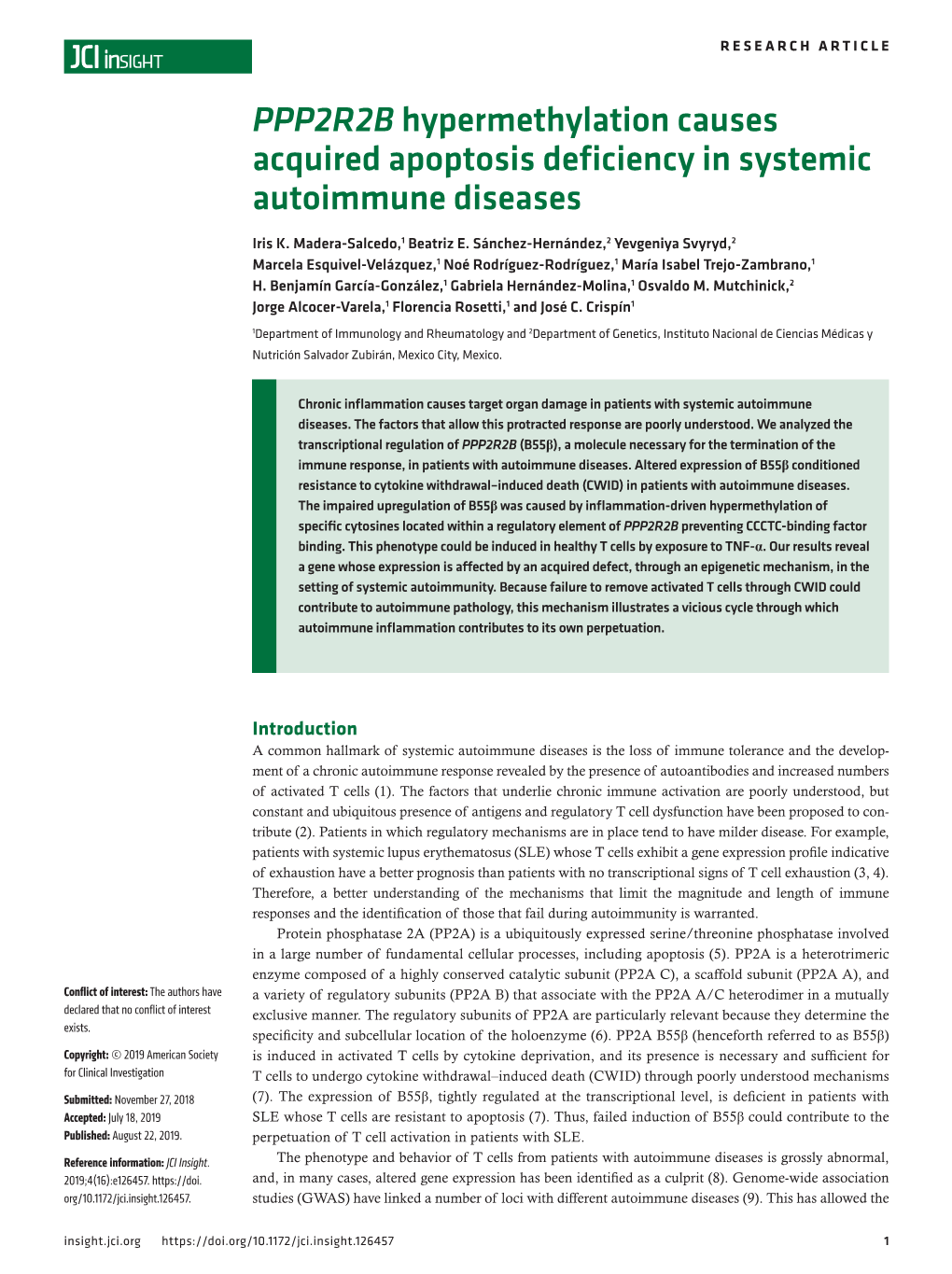 PPP2R2B Hypermethylation Causes Acquired Apoptosis Deficiency in Systemic Autoimmune Diseases