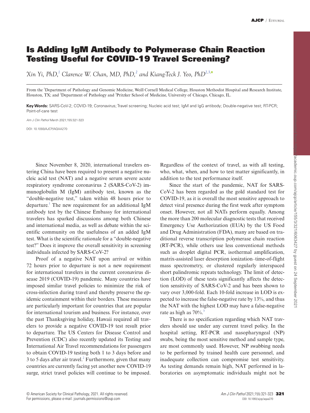 Is Adding Igm Antibody to Polymerase Chain Reaction Testing Useful for COVID-19 Travel Screening?