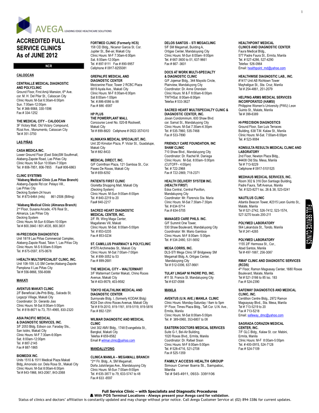 ACCREDITED FULL SERVICE CLINICS As of JUNE 2012