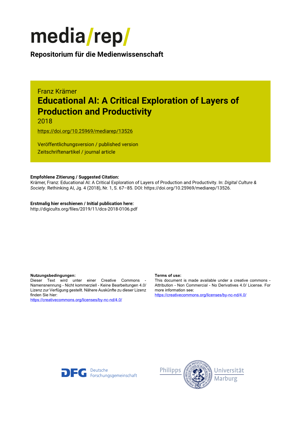 Educational AI: a Critical Exploration of Layers of Production and Productivity 2018