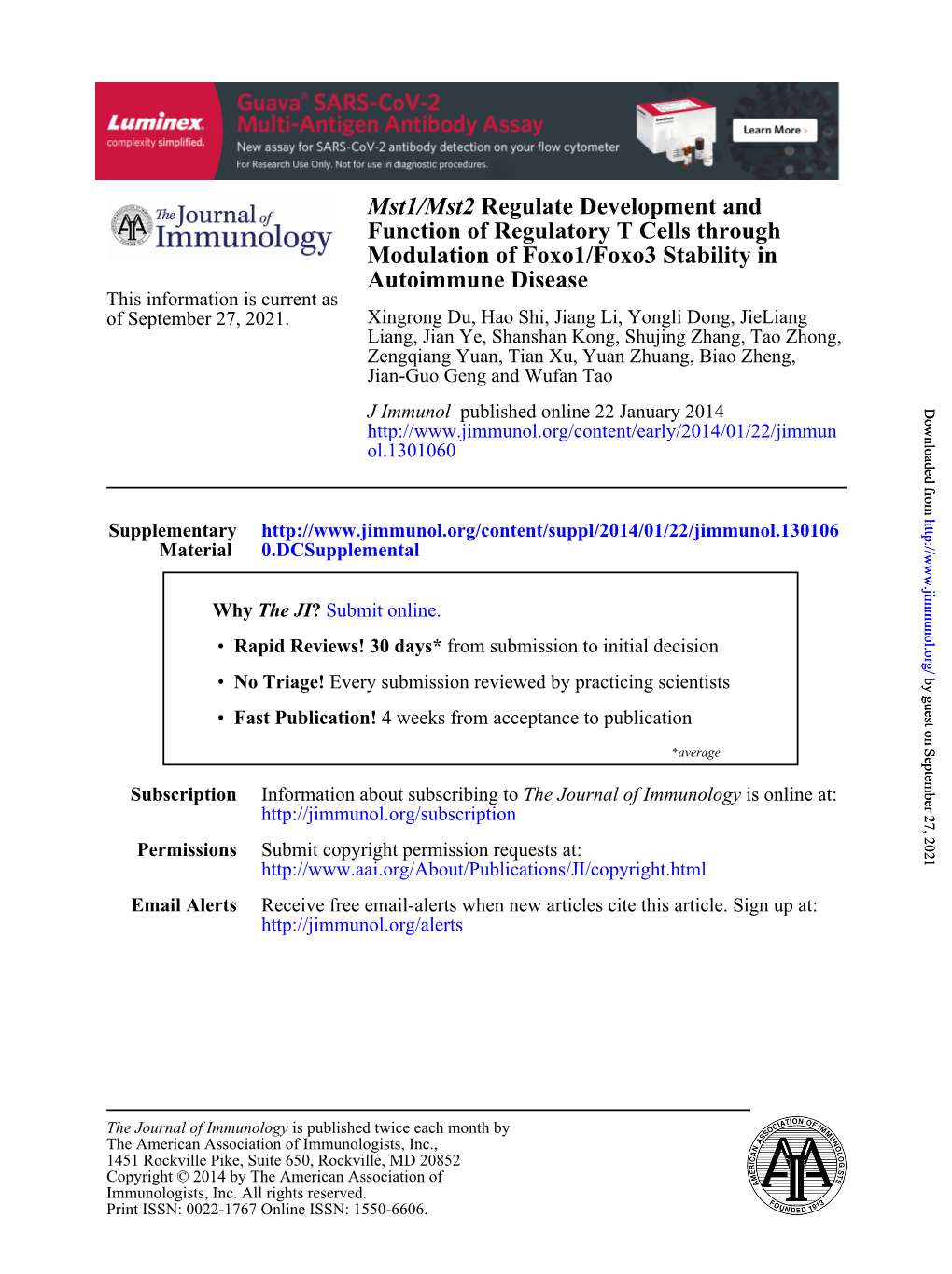 Mst1/Mst2 Regulate Development and Function of Regulatory T Cells