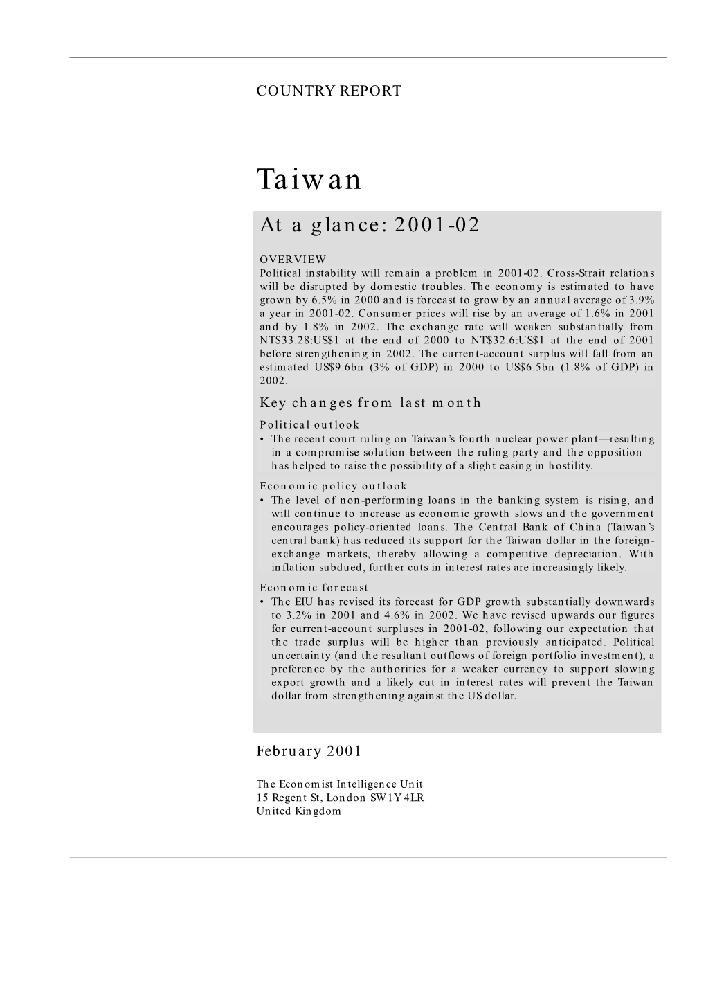 Taiwan at a Glance: 2001-02