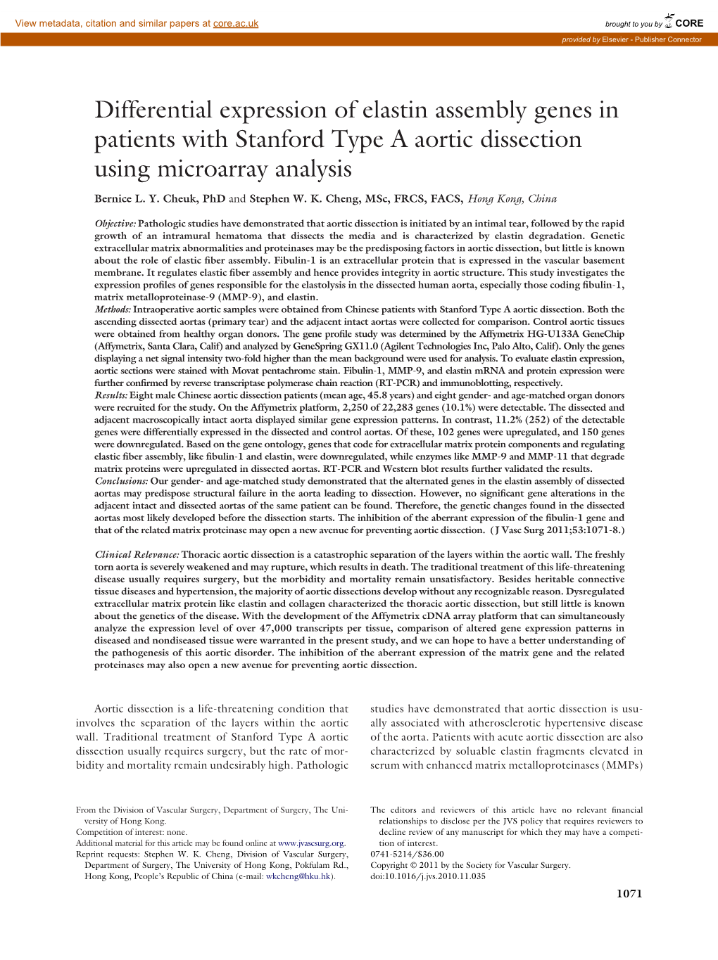 Differential Expression of Elastin Assembly Genes in Patients with Stanford Type a Aortic Dissection Using Microarray Analysis