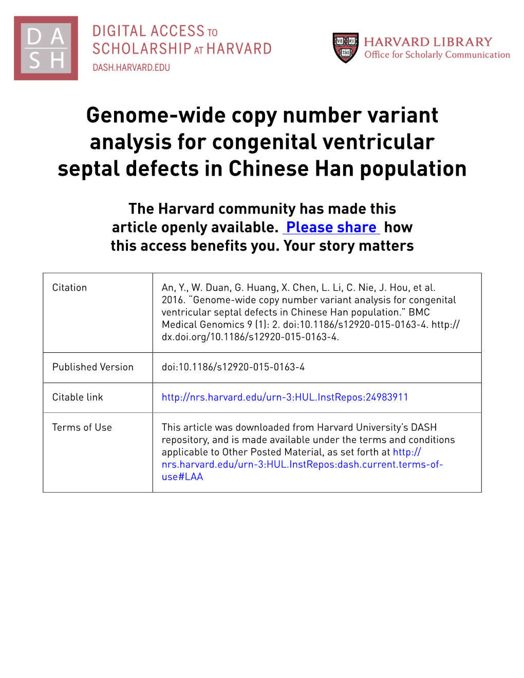 Genome-Wide Copy Number Variant Analysis for Congenital Ventricular Septal Defects in Chinese Han Population