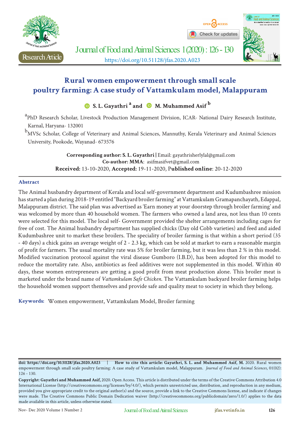 Journal of Food and Animal Sciences 1 (2020): 126-130