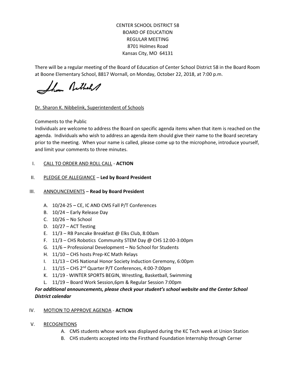 CENTER SCHOOL DISTRICT 58 BOARD of EDUCATION REGULAR MEETING 8701 Holmes Road Kansas City, MO 64131