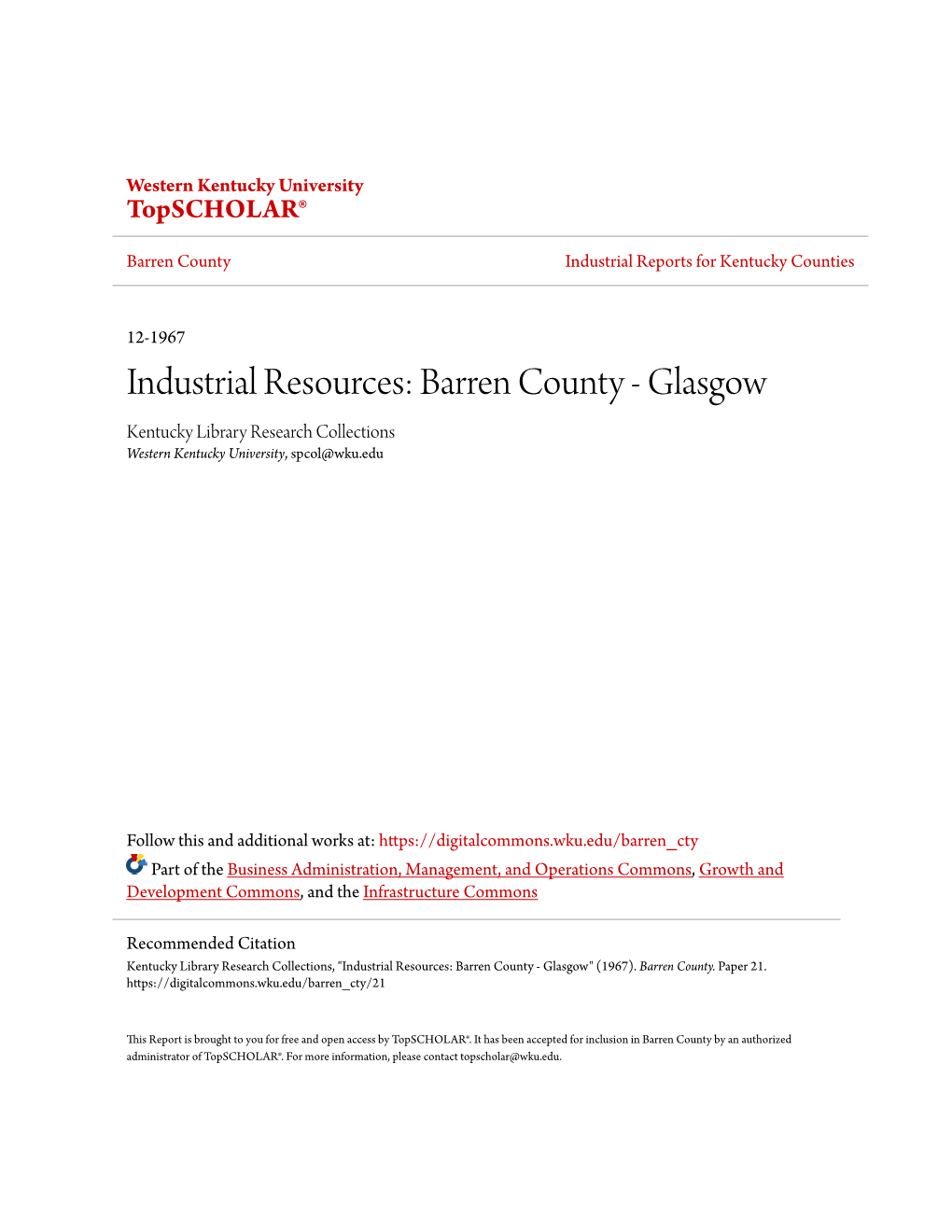 Industrial Resources: Barren County - Glasgow Kentucky Library Research Collections Western Kentucky University, Spcol@Wku.Edu