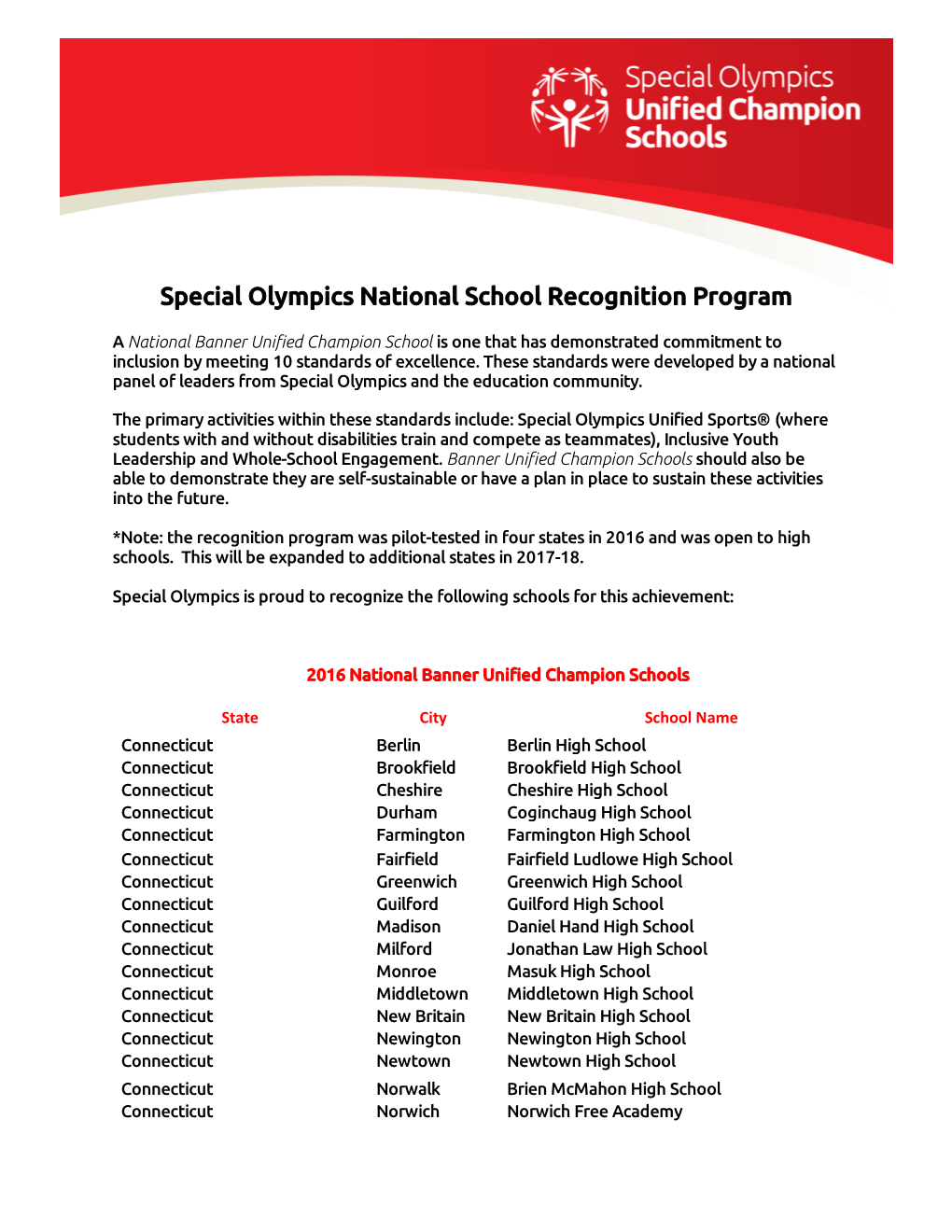 Special Olympics National School Recognition Program