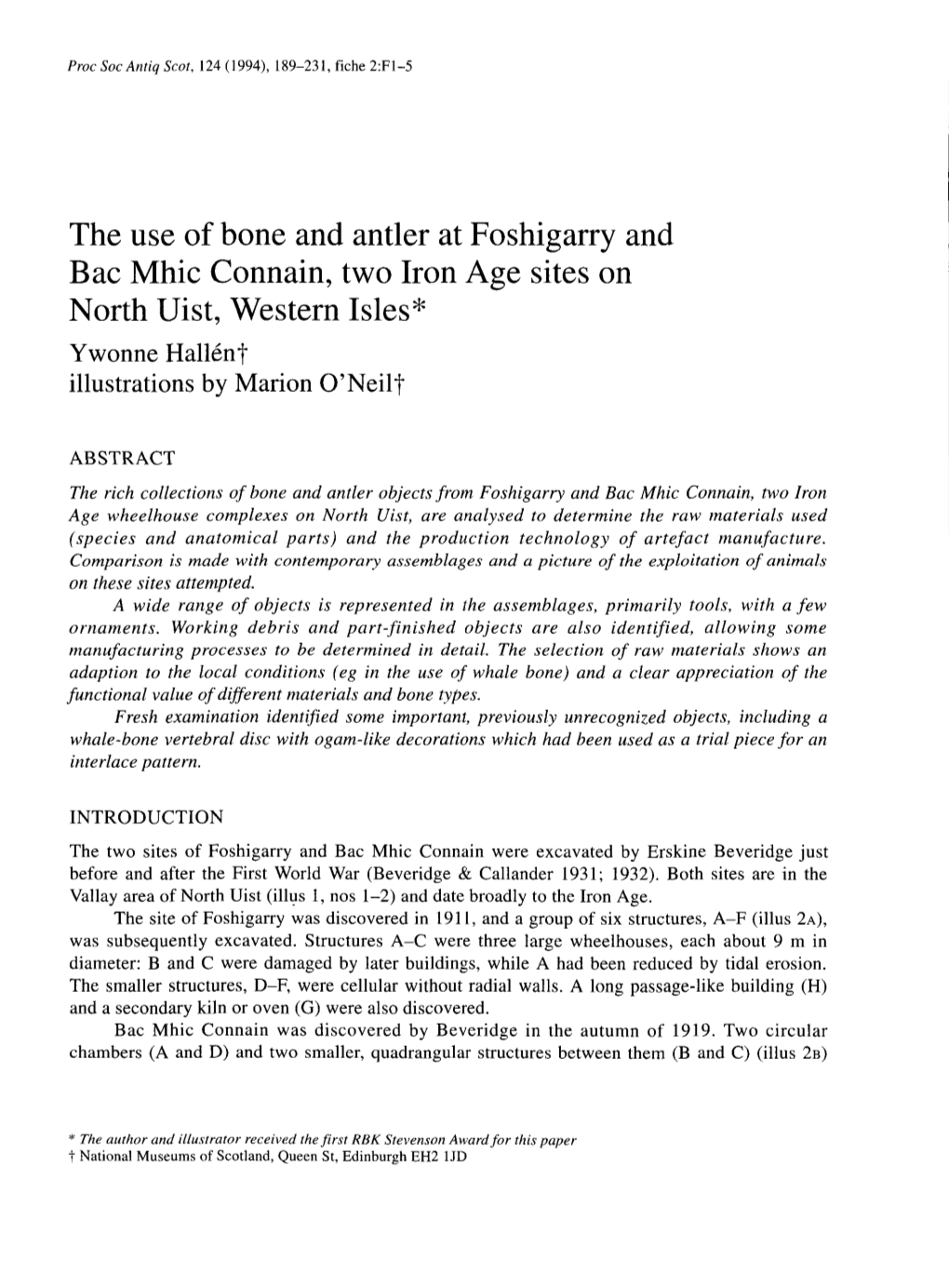 The Use of Bone and Antler at Foshigarry and Bac Mhic Connain, Two Iron Age Sites on North Uist, Western Isles