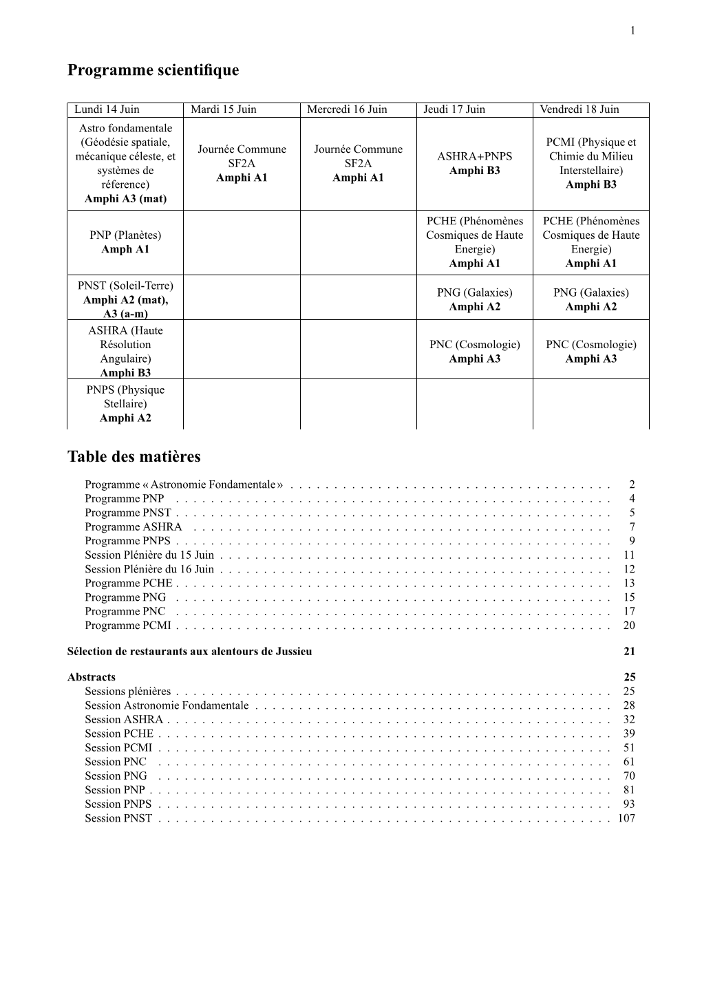 Programme Scientifique Table Des Matières