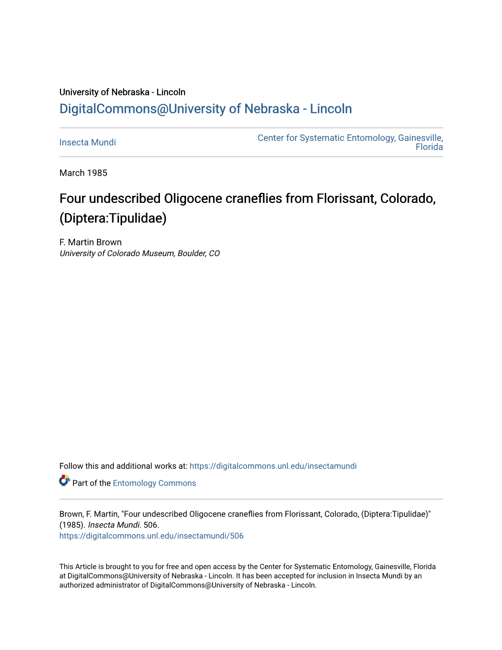 Four Undescribed Oligocene Craneflies from Florissant, Colorado, (Diptera:Tipulidae)