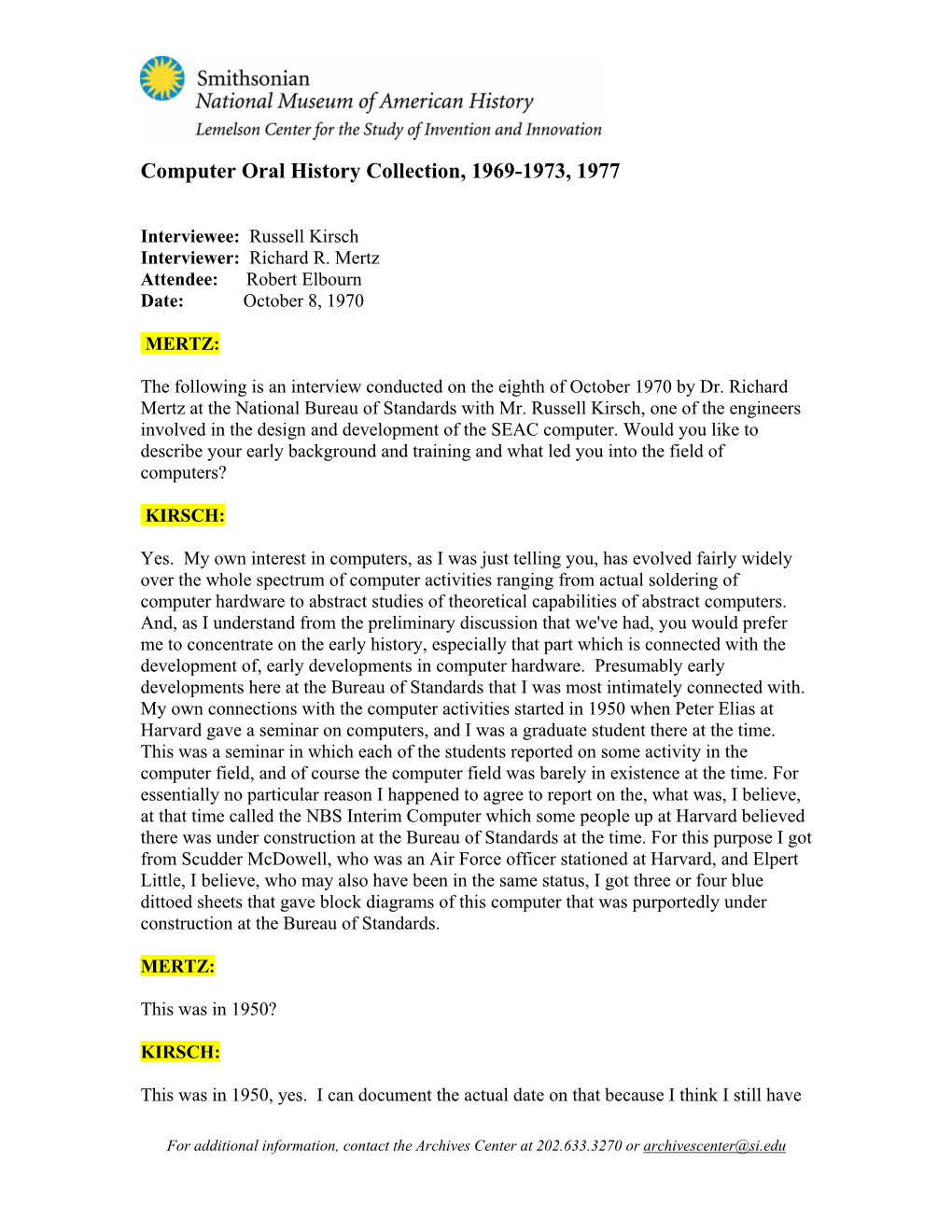 Computer Oral History Collection, 1969-1973, 1977
