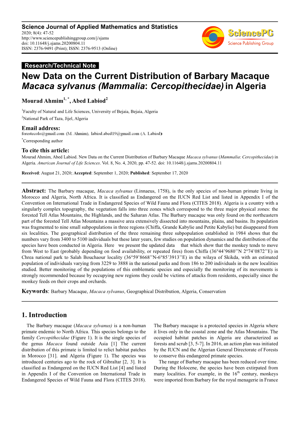 New Data on the Current Distribution of Barbary Macaque Macaca Sylvanus (Mammalia: Cercopithecidae) in Algeria