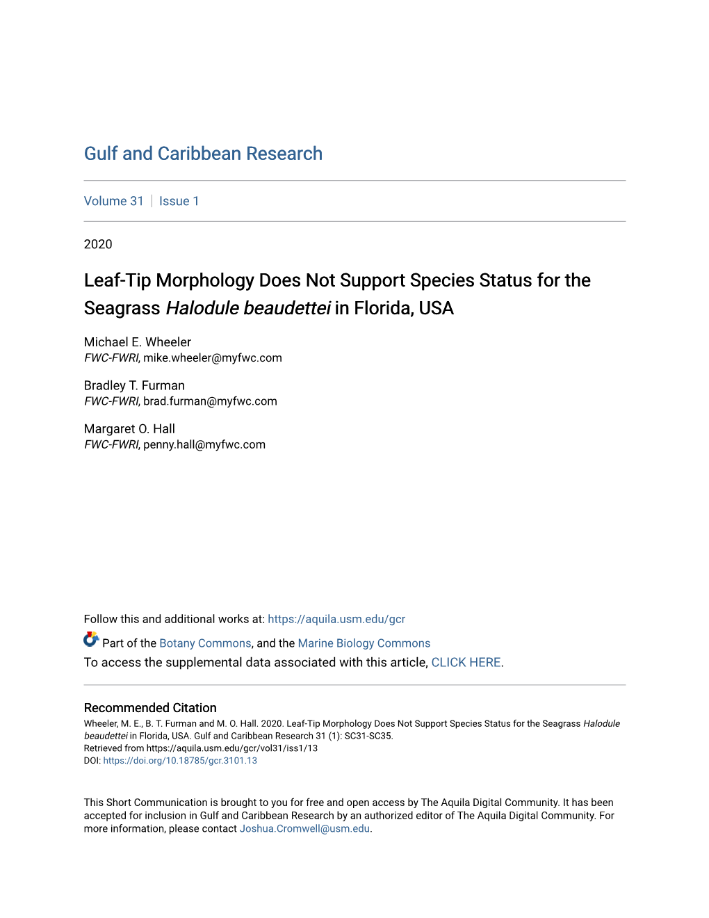 Leaf-Tip Morphology Does Not Support Species Status for the Seagrass Halodule Beaudettei in Florida, USA