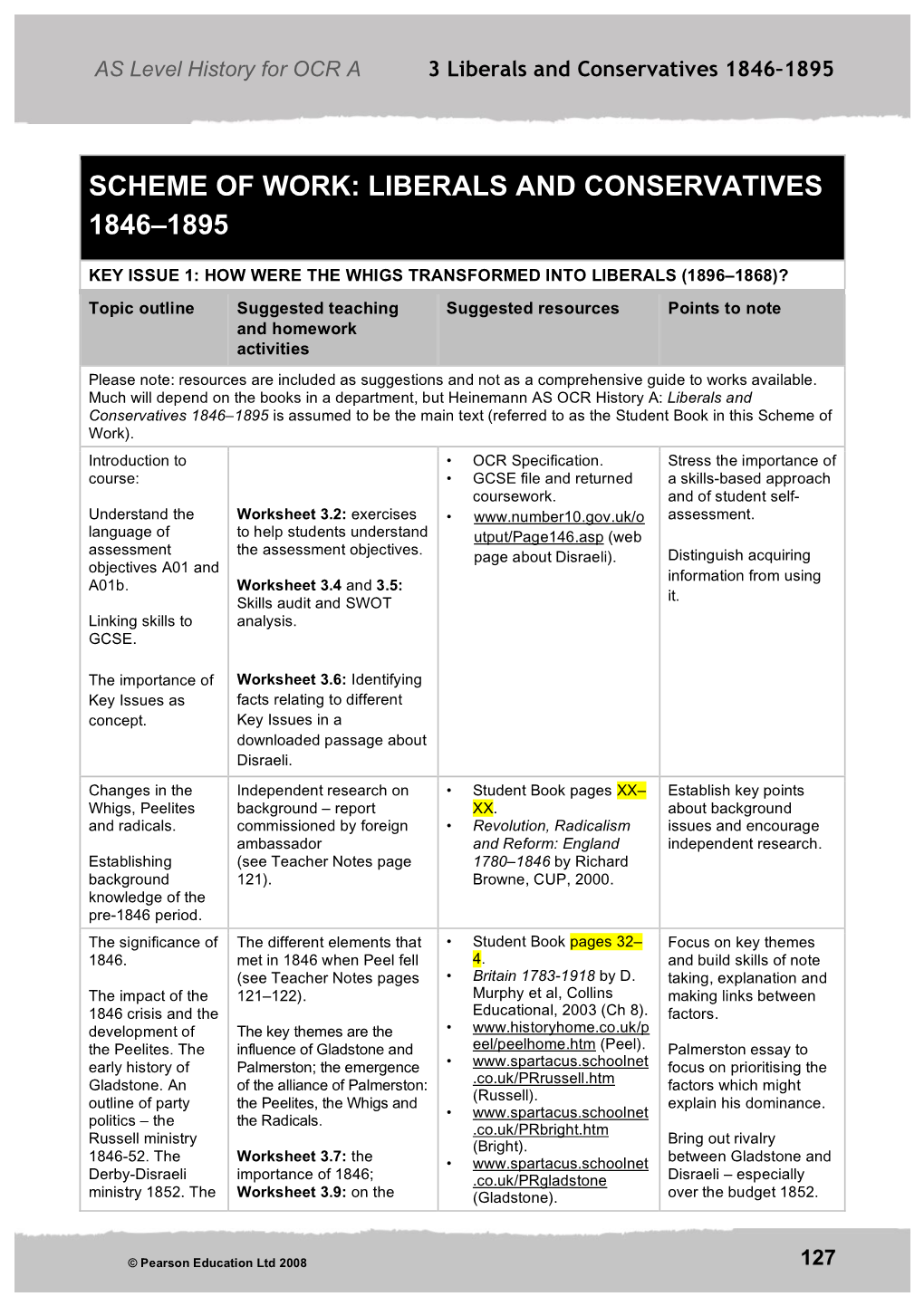 Scheme of Work: Liberals and Conservatives 1846–1895