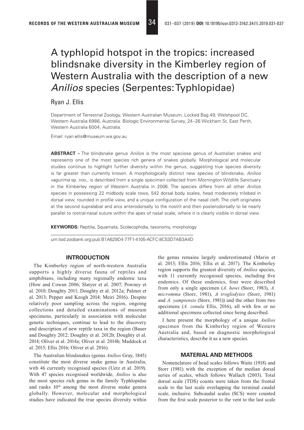 Increased Blindsnake Diversity in the Kimberley Region of Western Australia with the Description of a New Anilios Species (Serpentes: Typhlopidae) Ryan J