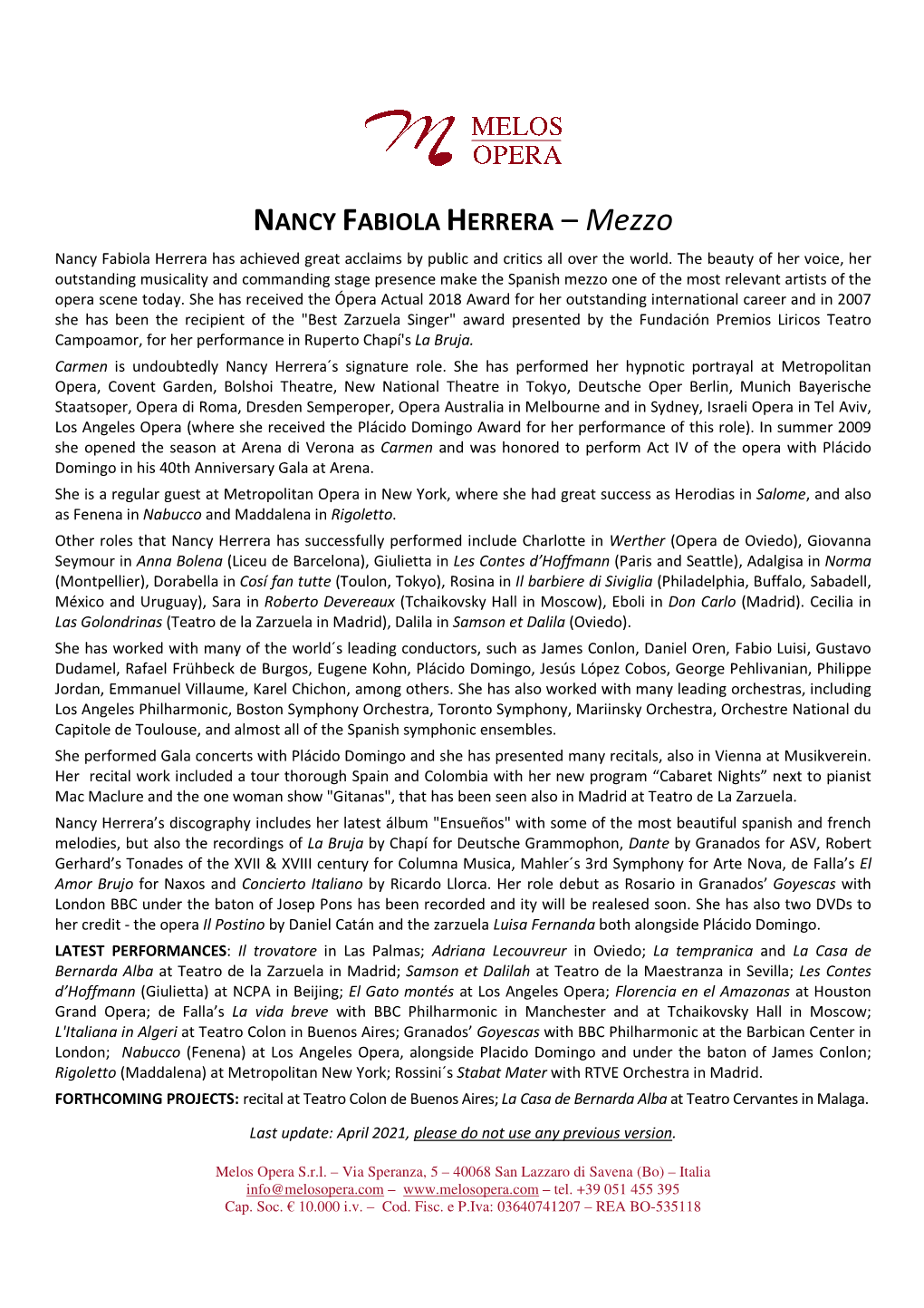 NANCY FABIOLA HERRERA – Mezzo Nancy Fabiola Herrera Has Achieved Great Acclaims by Public and Critics All Over the World