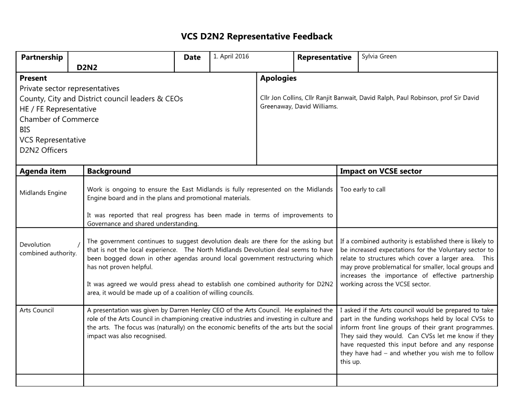 VCS D2N2 Representative Feedback