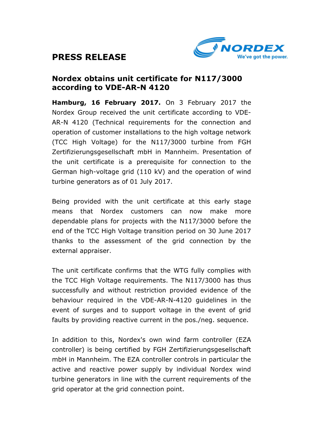 Nordex Obtains Unit Certificate for N117/3000 According to VDE-AR-N 4120