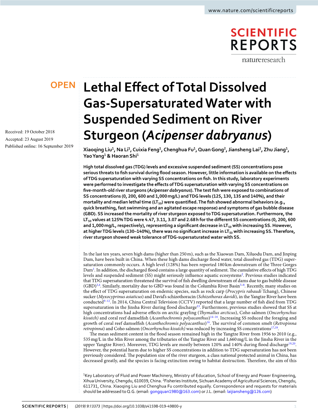 Lethal Effect of Total Dissolved Gas-Supersaturated Water With