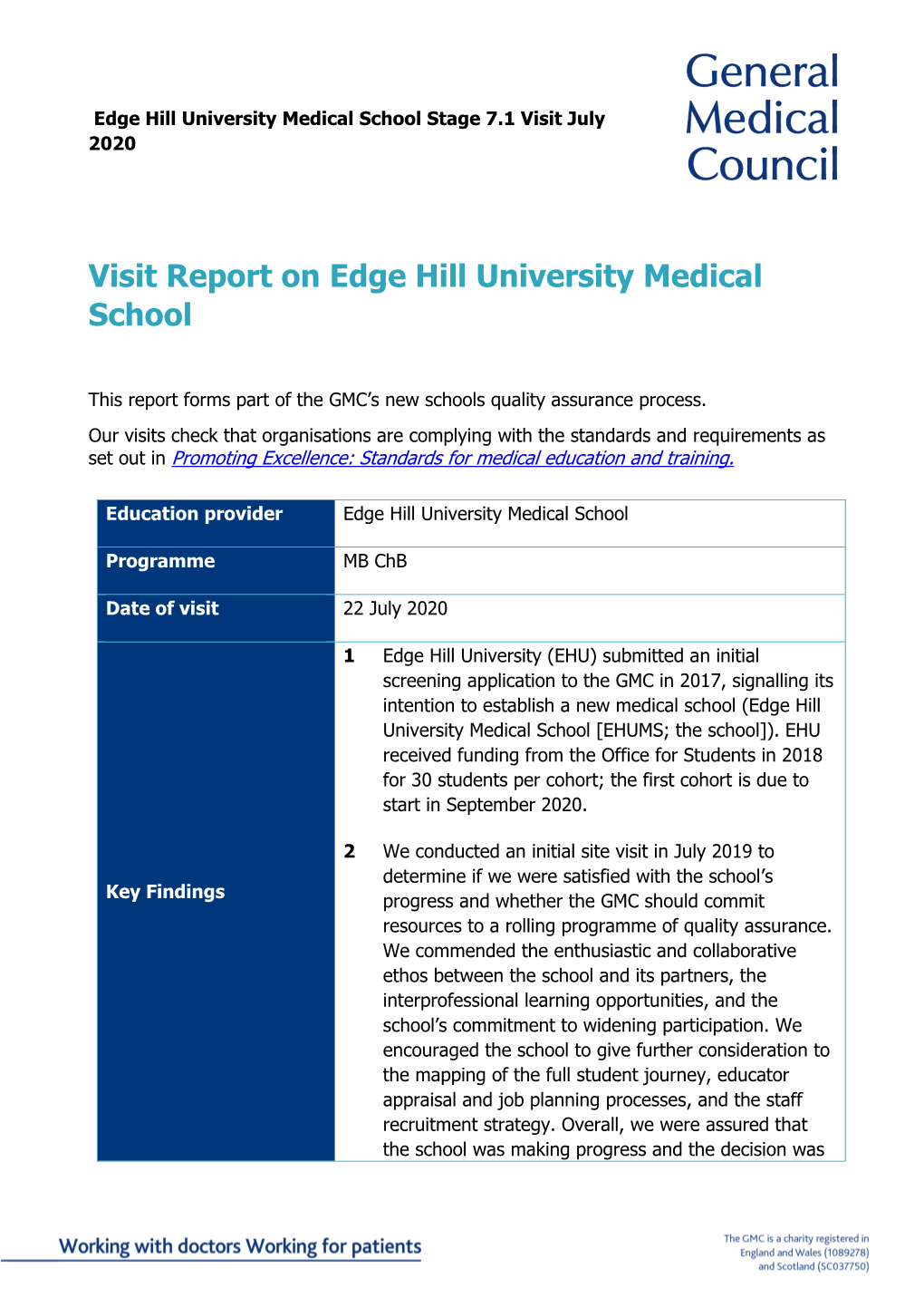 Visit Report on Edge Hill University Medical School