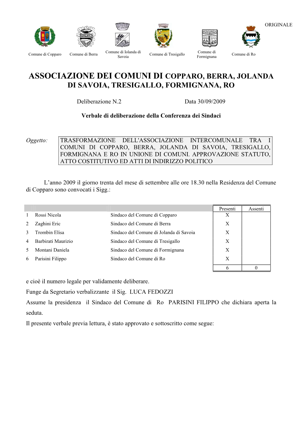 Associazione Dei Comuni Di Copparo, Berra, Jolanda Di Savoia, Tresigallo, Formignana, Ro