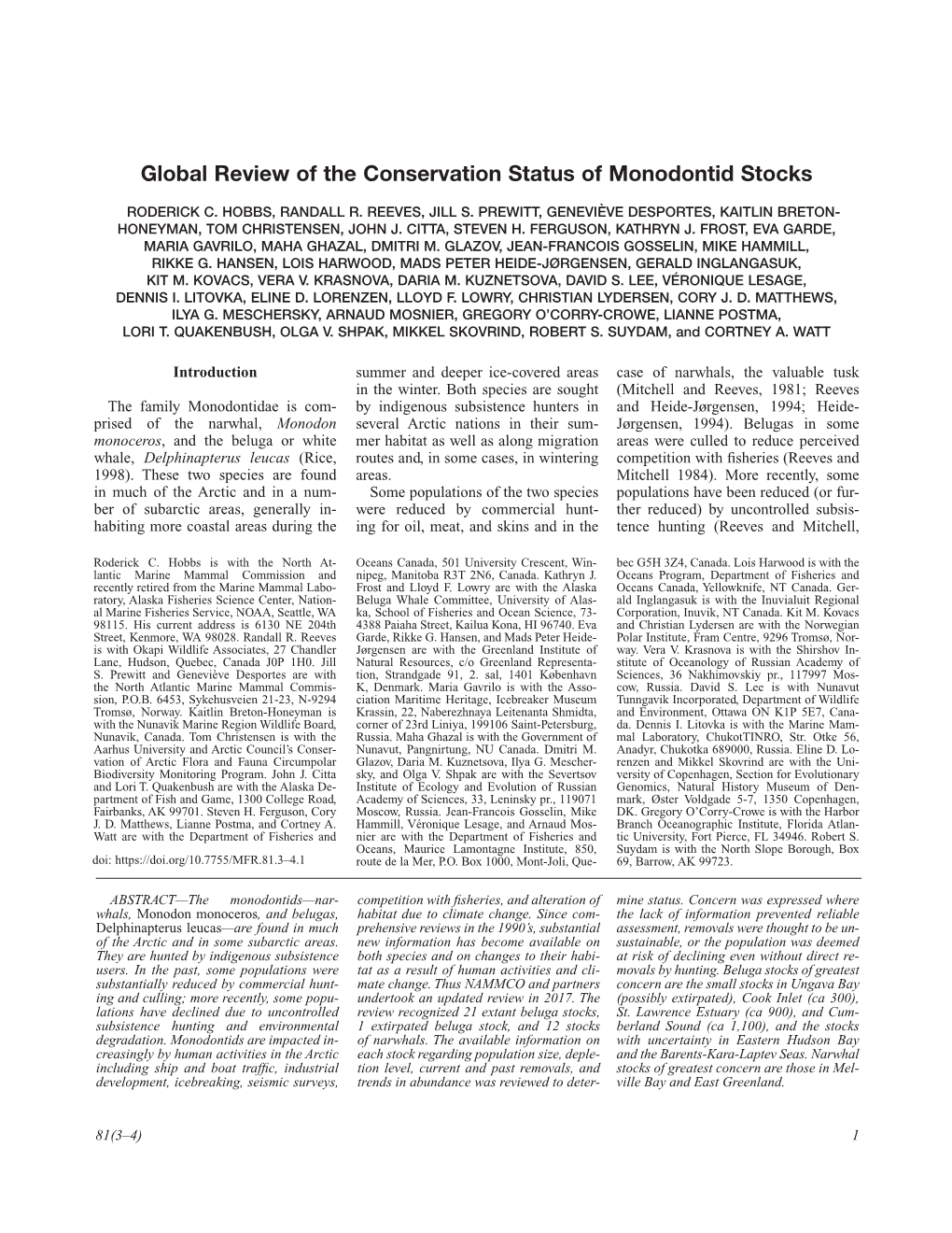 Global Review of the Conservation Status of Monodontid Stocks