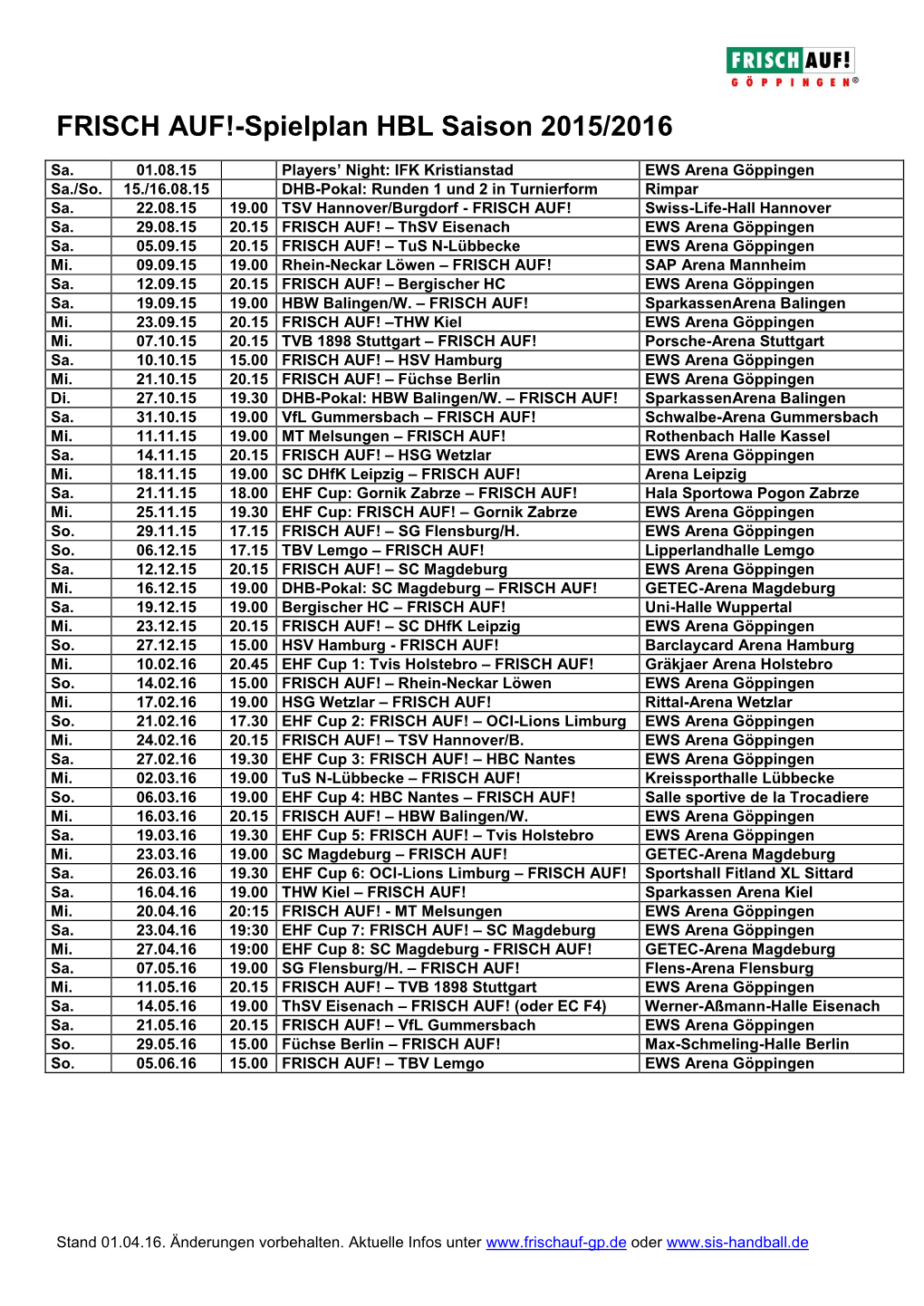 FRISCH AUF!-Spielplan HBL Saison 2015/2016