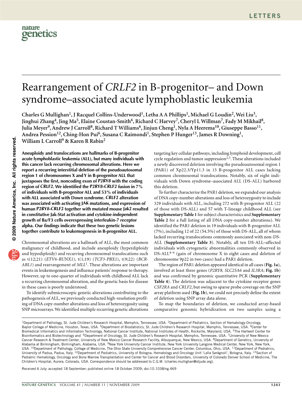 Rearrangement of CRLF2 in B-Progenitor– and Down Syndrome–Associated Acute Lymphoblastic Leukemia