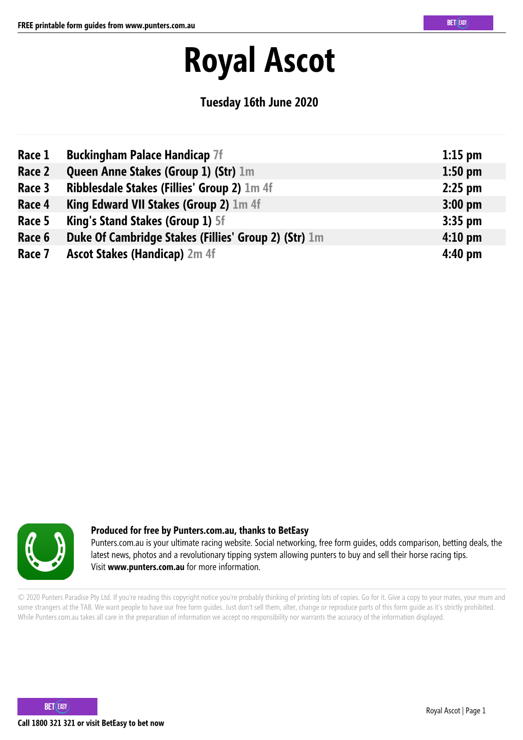 Royal Ascot Printable Form Guide