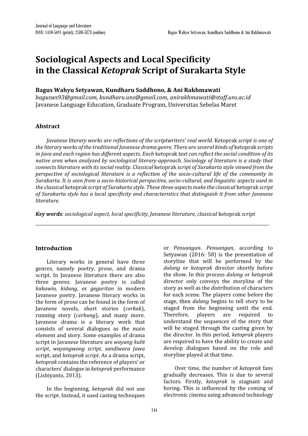 Sociological Aspects and Local Specificity in the Classical Ketoprak Script of Surakarta Style