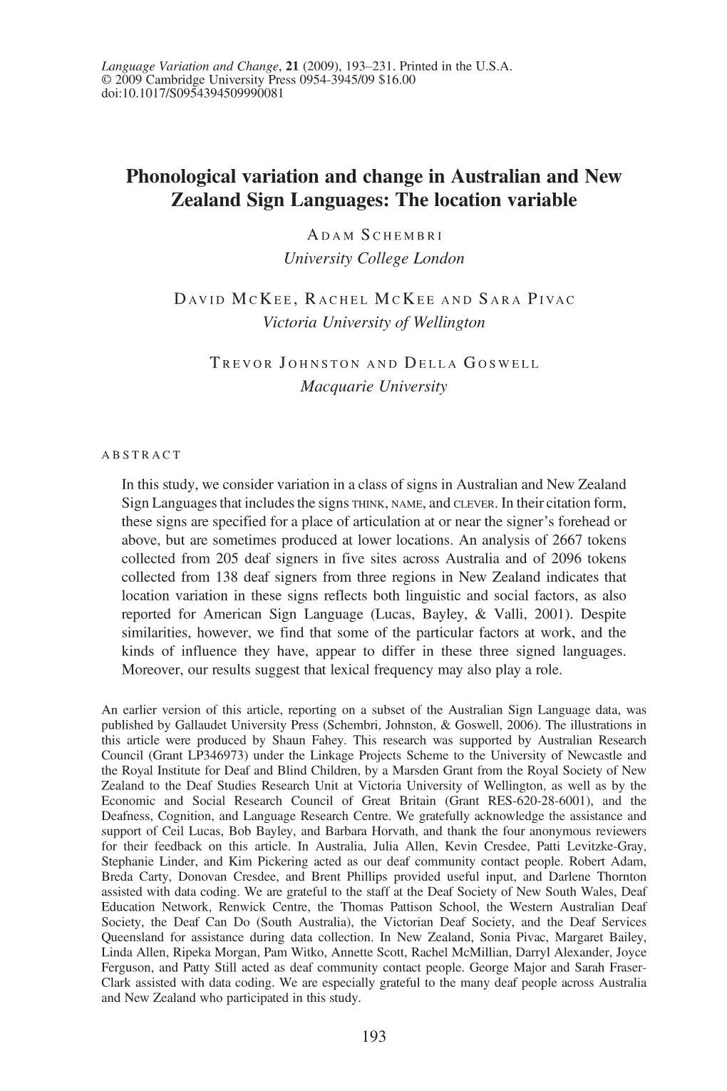 Phonological Variation and Change in Australian and New Zealand Sign Languages: the Location Variable