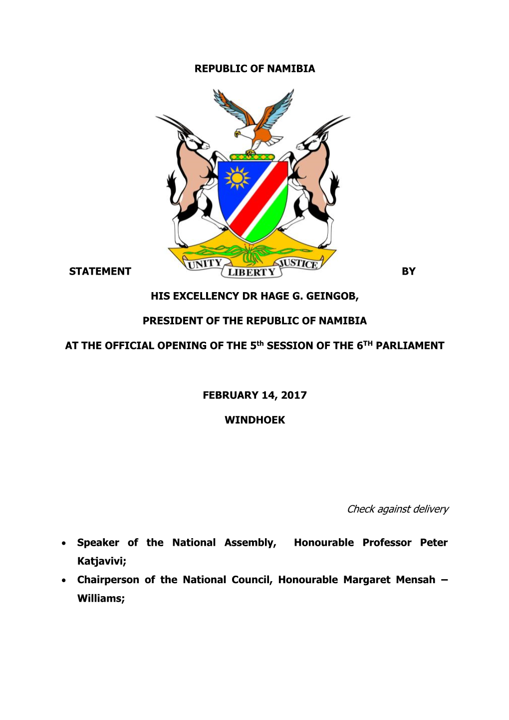 Republic of Namibia Statement by His Excellency Dr Hage